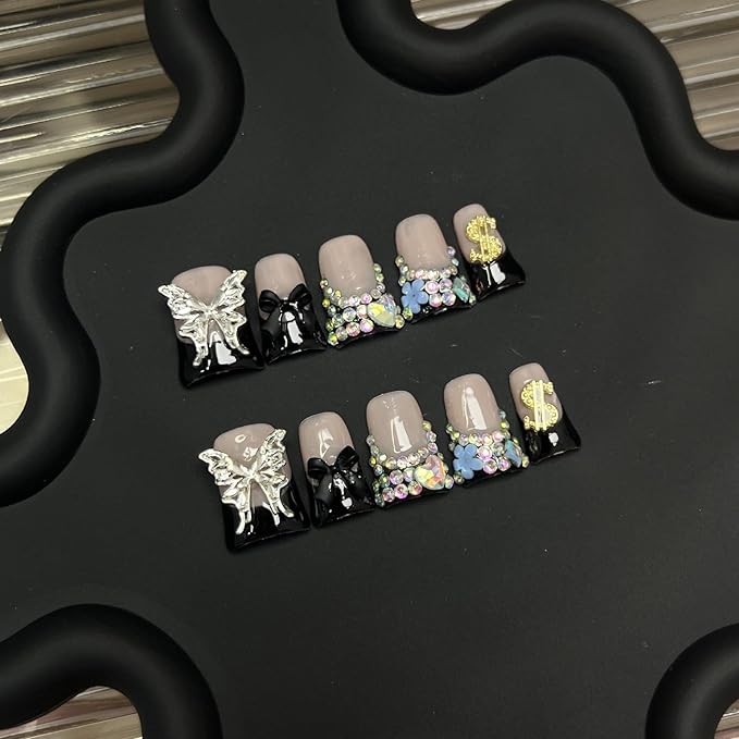 10pcs Handmade Press on Nails for Women - Medium Duck Curve 3D Thick Acrylic Fake Nails Reusable,Designer Floral Butterfly Rhinestones Bling Boho Funky Y2k Nail-art Set,M,black
