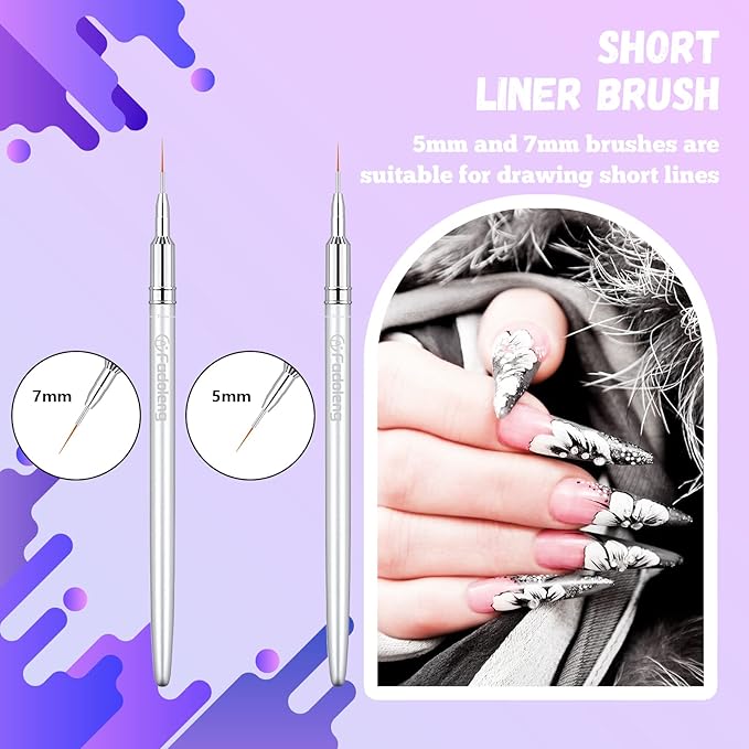 Liner Brush for Nails, 6Pcs Thin Nail Art Brushes Professional Nail Detail Brush for Gel Polish Sizes 5/7/9/11/15/25mm (Silver)