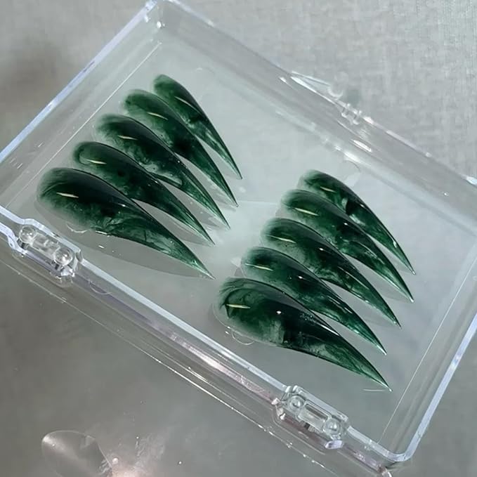 Stiletto Press on Nails with Glue Glossy Extra Long False Nails with Green Rendering Hand-Painted Designs Handmade Eagle Dragon Cat Claw Unique Reusable Fake Nails