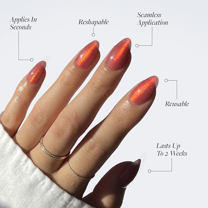 Glamnetic Press On Nails - Rose Fake Nails | Short Almond Rosy-Pink Nails with a Mesmerizing Metallic Finish | 15 Sizes - 30 Nail Kit with Glue