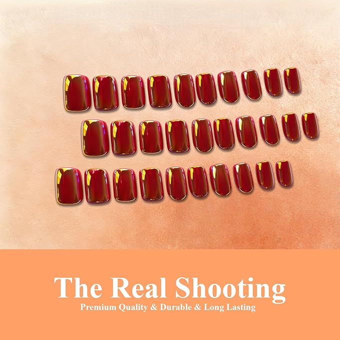 Chrome Orange Red Press on Nails Short Square, Glazed Short Fake Nails with Sparkle Mirror Design, Shiny Glitter Glue on Nails with Glue, Cute Gel Nail Press ons for Fingernail 30 Pcs