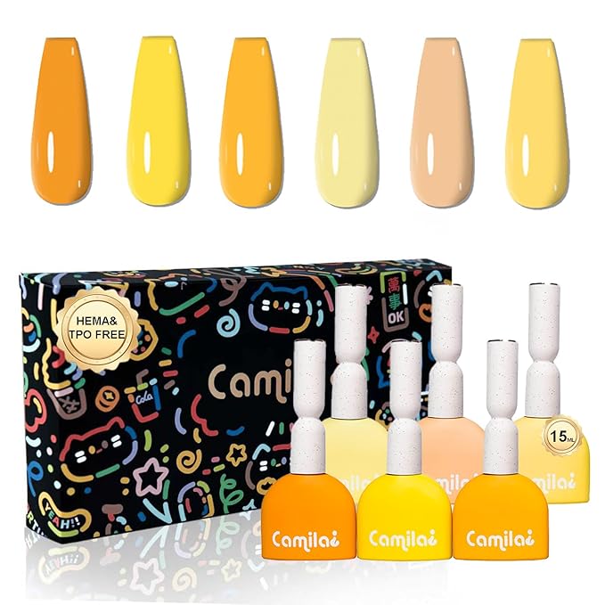 6pcs 15ml Hema Free Tpo Free Yellow Gel Nail Polish Soak Off UV/LED Gel Polish Set Yellow Nail Art Set for Women, Professional Salon DIY Manicure Kit with High Pigment & Long Lasting Effect D