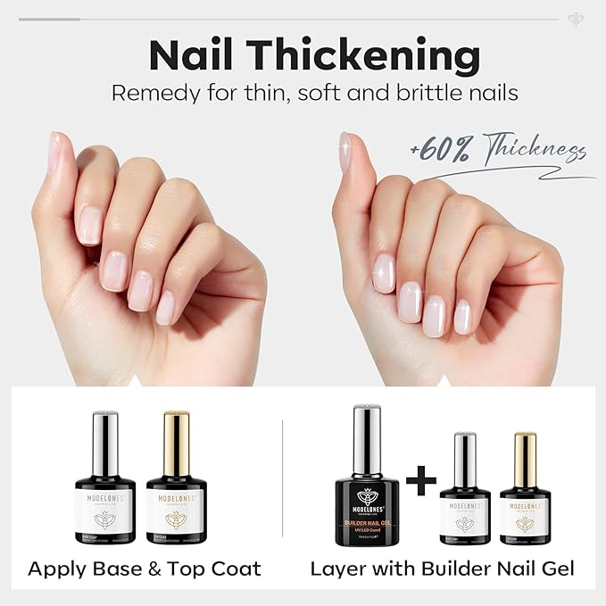 modelones Builder Nail Gel with Gel Top Coat, 3Pcs Clear Builder Nail Kit for Thickening Apex Building Extension Rhinestone Gel Tips Glue, U/V LED Lamp Cured for Home DIY Salon Girls (Pack of 2)