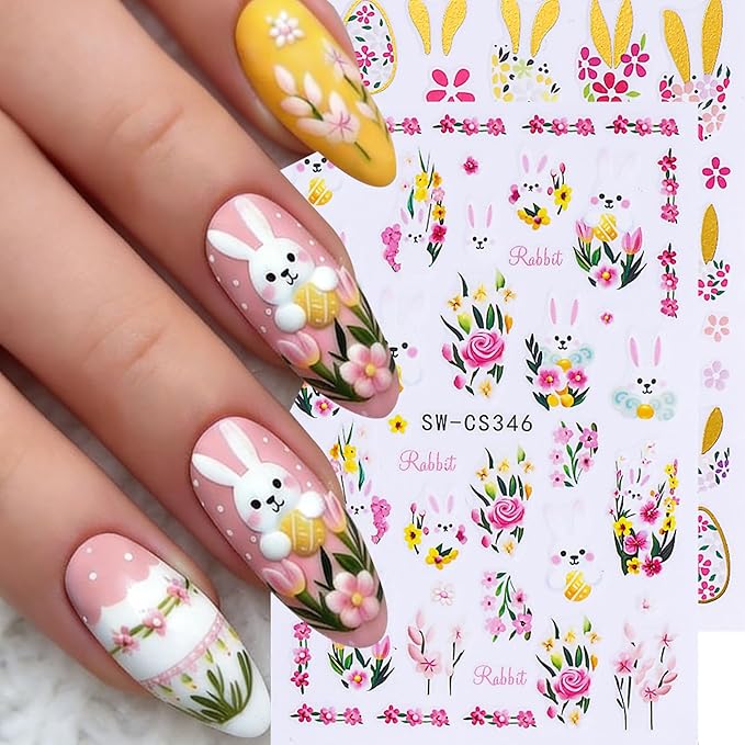 Easter Bunny Nail Art Stickers Decals 12 Sheets 3D Self-Adhesive Cute Rabbit Nail Art Stickers Easter Egg Chick Ears Designs Colorful Flower Daisy Spring Sliders Holiday Manicure Decoration
