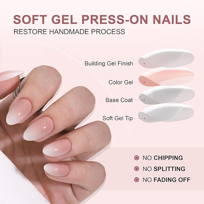 Gel Press On Nails - Short White Ombre, Almond Shape, Artificial Nails - 16 Sizes, 32pc Reusable Kit