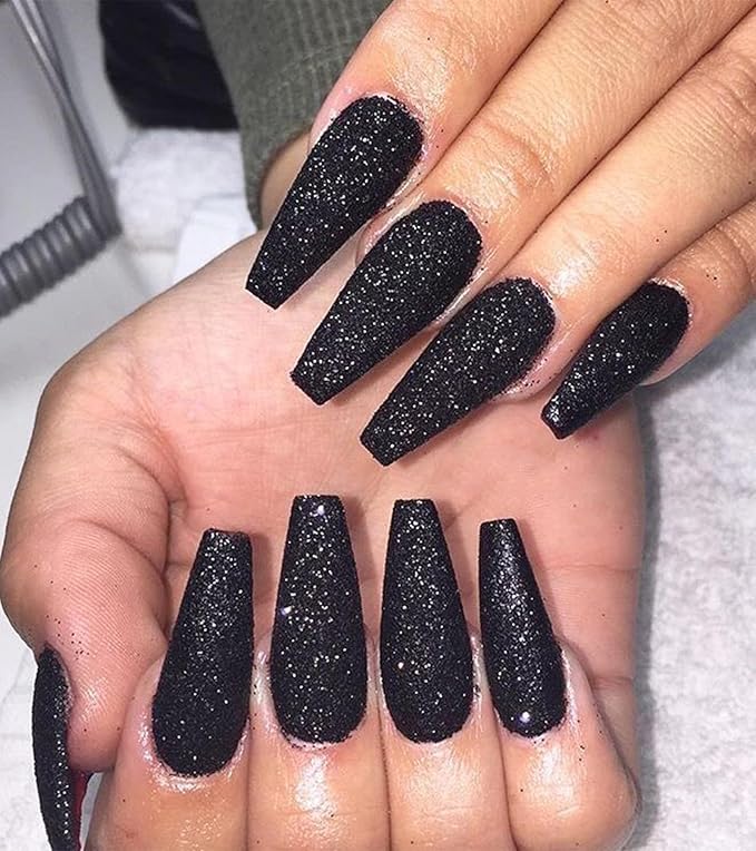 Black Press On Nails Coffin - Long With Glue Stickers, Glitter Stick On for Women, Light Weight in 12 Sizes, 24pcs Fake Nail Kit