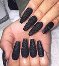 Black Press On Nails Coffin - Long With Glue Stickers, Glitter Stick On for Women, Light Weight in 12 Sizes, 24pcs Fake Nail Kit
