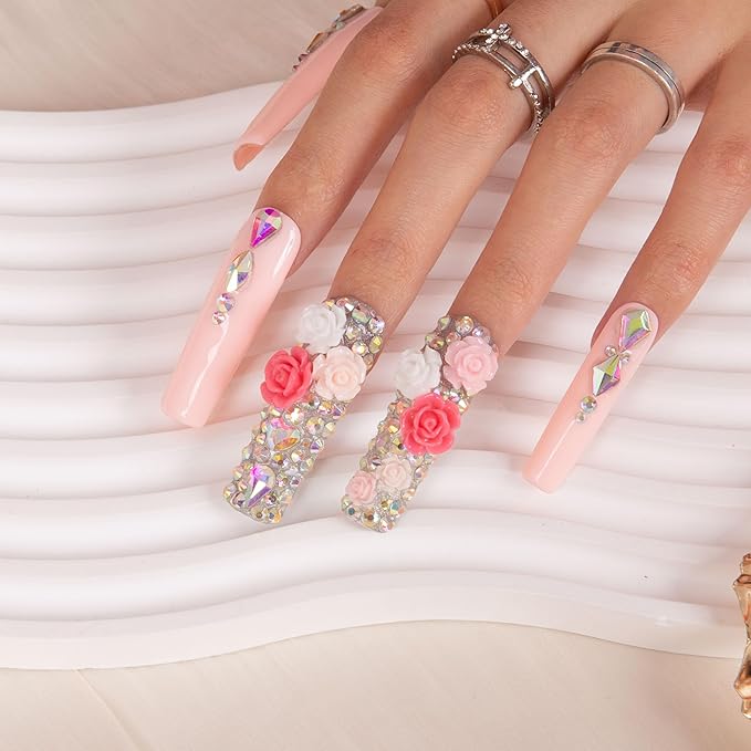 LOVFUL Press on Nails Rose Garden| Handmade with Full Covered Crystals| Reusable Fake Nails| Square Mid length 1.7in| H107-S