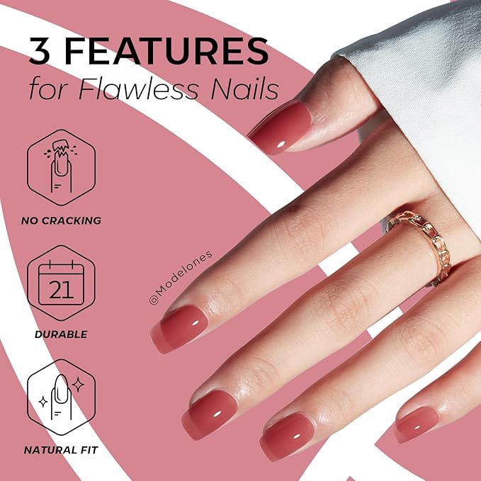 Modelones Rose Red Press on Nails, Spring Short Square Fake Nails, Semi-Transparent Reusable Nail Kit with Nail Glue Adhesive Tabs Mini Nail File, Nails Press Ons 32Pcs16 Sizes, Women Girl Gift