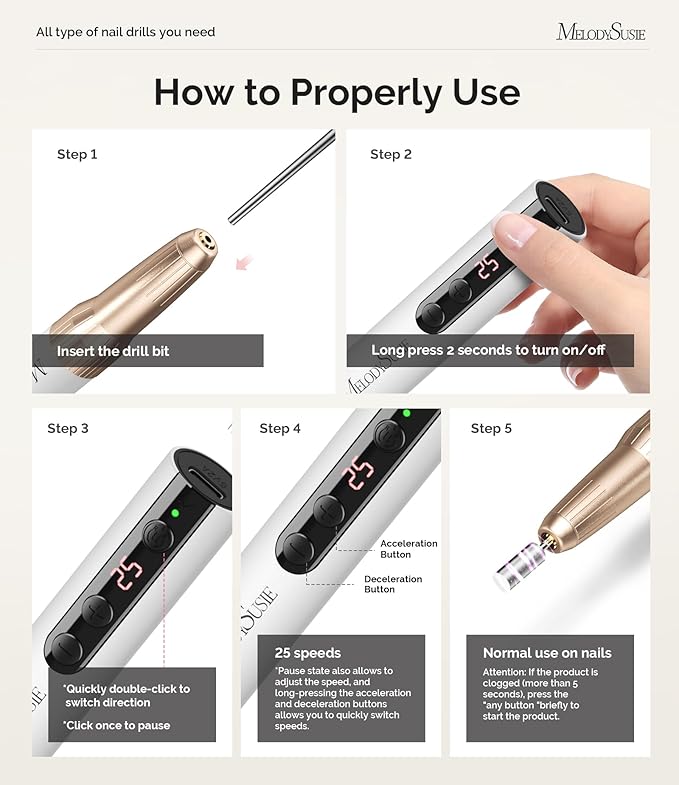 MelodySusie Pen-Shaped Portable Cordless Nail Drill, PC180E 25000RPM Rechargeable Electric File with LED Display for All Nail Care, Manicure Shaping & Acrylic Gel Removal for Nail Artists DIY at Home