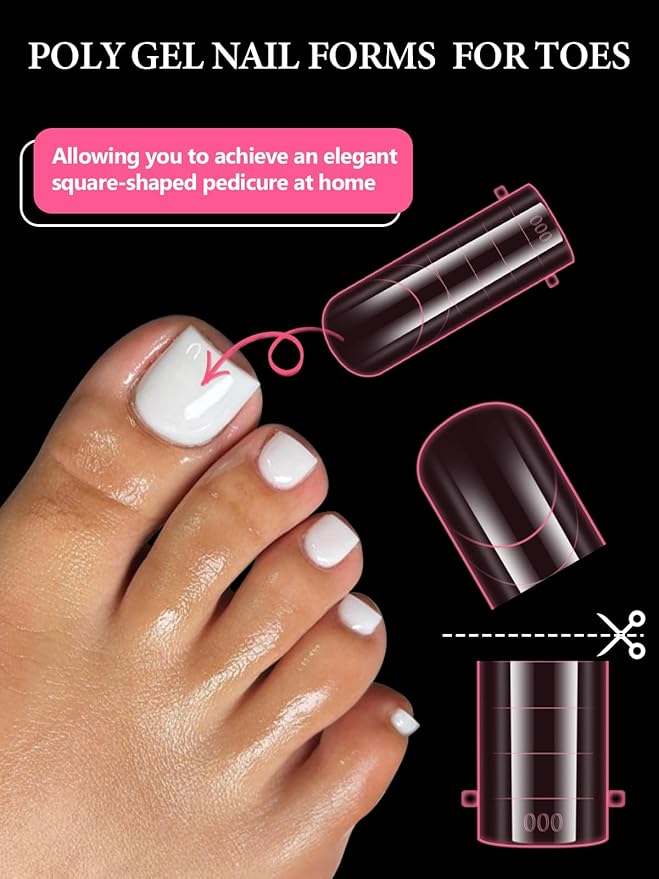 EBANKU Poly Gel Nail Forms for Toes, Pink Long Square Dual Forms for Pedi Nail Extension Poly Gel Toenails Reusable Toe Nail Tips Mold, 150 Pieces, 15 Sizes