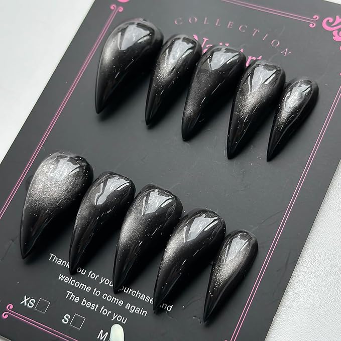 Luxury Press on Nails Medium Stiletto Handmade Eagle Claw Unique Reusable ABS Material Black Fake Nails Dragon Cat Claw False Nails with Glitter Designs Glossy Glue on Nail Thick Acrylic Nail(S)