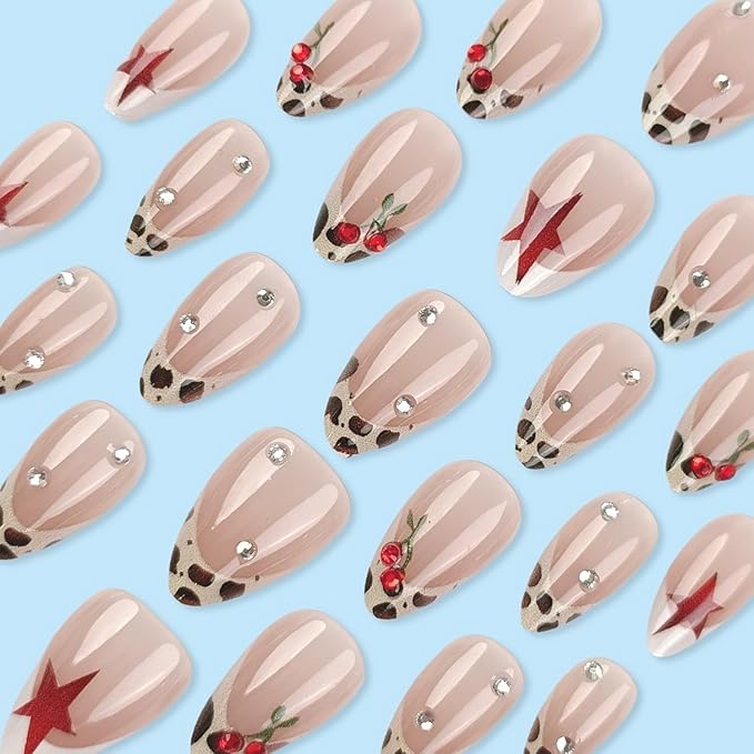 Almond Press on Nails Short Length MABKJLF French Tip Fake Nails False Nails with Stars Leopard Print Rhinestones Cute Cherry Designs Glossy Glue on Nails Stick on Nails for Women Girls 30Pcs