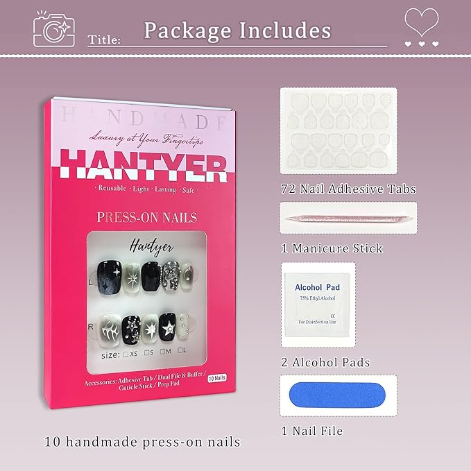 Short Square Press On Nails, Handmade Soft Gel Dark Glam Metallic Fake Nails with Silver 3D Stars & Sculptural Accents, Grunge Inspired Reusable False Nails 10PCS Kit (Size L)