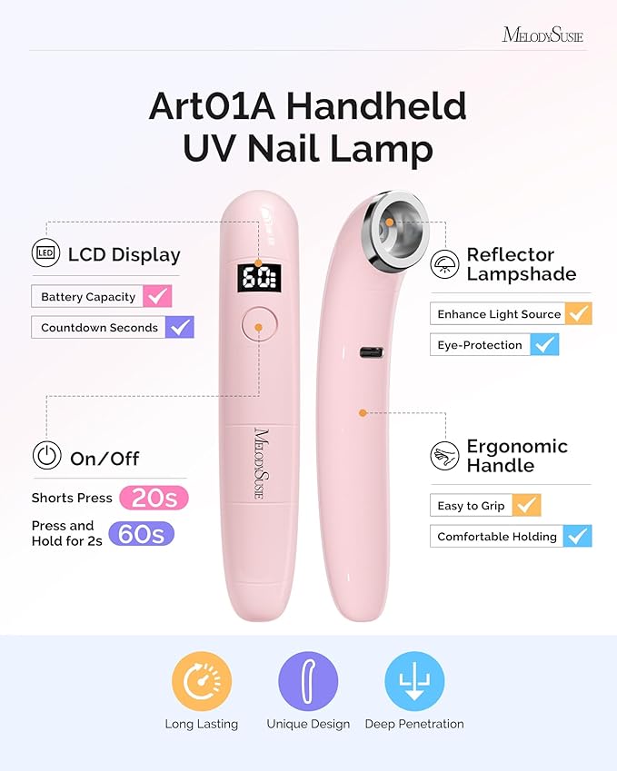 MelodySusie Ergonomic Handheld Cordless UV Nail Lamp with LCD Display & 2 Timers, P-Art01A Rechargeable Mini UV LED Light Flash Cures All Soft Gels, Especially Rhinestone Glue & Liner Gel Pink