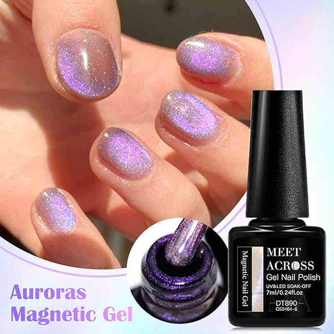 MEET ACROSS 12 Pcs Cat Eye Gel Nail Polish Set, Blue Tears Auroras Magnetic Gel Polish, Blue Pink Yellow Purple Glassy Glitter Holographic Nail Polish with Base Top Gel for Nail Art Manicure Salon DIY
