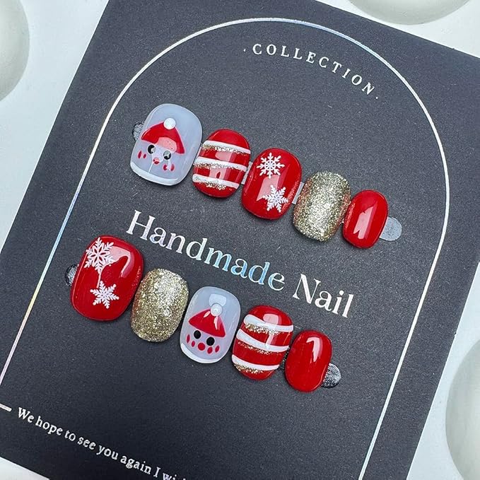 100% Handmade Press on Nails Short Square Handmade Nails with Red Christmas Hat Design Christmas False Nails Snow Stripe Nail Press ons Reusable Gold Glitter Holiday Fake Nails for Women Size L 10Pcs