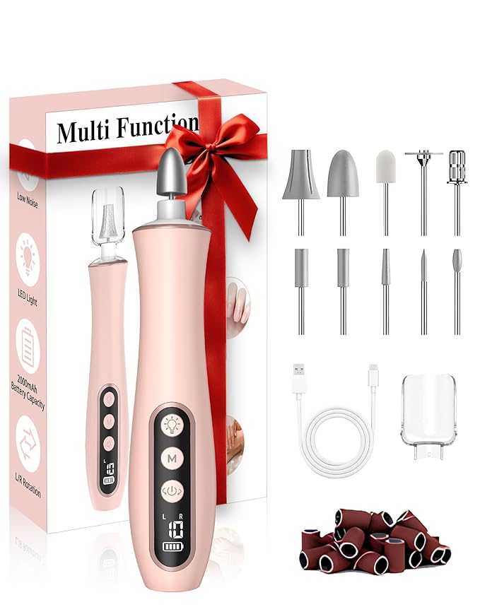 Cordless Nail Drill Electric Nail File, 10-in-1 Manicure Pedicure Kit Nail Grinder Set, 14000 RPM Rechargeable Acrylic Nail Tool, 10 Speeds LED Light LCD Display for Human, Toenails, Home(Pink)