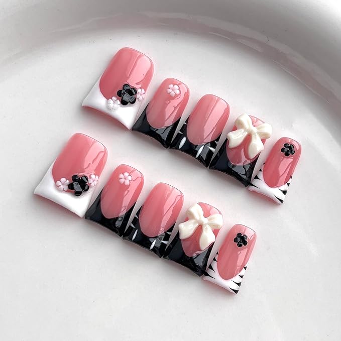 French Tip Press on Nails Handmade Short Duck 3D Thick Acrylic Nails Elegant False Nails with Flower Bow Designs Black&White Glossy Fake Nail White Sturdy Art Press on Nail 10Pcs(M)
