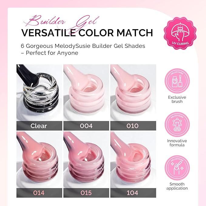 MelodySusie Builder Gel Nail Polish Set, Base Colors Jelly Pink Clear 8 in 1 Nail Thickening Rubber Base Gel Polish,Soak Off UV Extension,Rhinestone Nail Glue in a Bottle Gift for Women 6 Colors