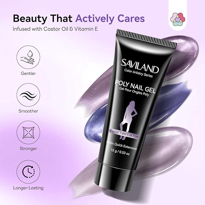 SAVILAND Poly Gel Nail Kit for Starter: 15 Colors Poly Gel Purple Cat Eye with U V Light for fast Curing, 28 Day Long Wear Poly Extension Gel Kit with Slip Solution for Dance Party Nail Art DIY
