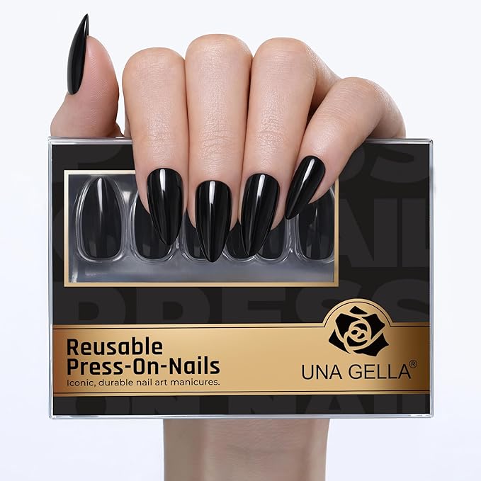 UNA GELLA 32Pcs Soft Gel Press on Nails - 16 Sizes Medium Almond Black Glue on Nails, Reusable Glossy Solid Black False Nails, Full Cover Acrylic Nail Kit for Women DIY Home Manicure