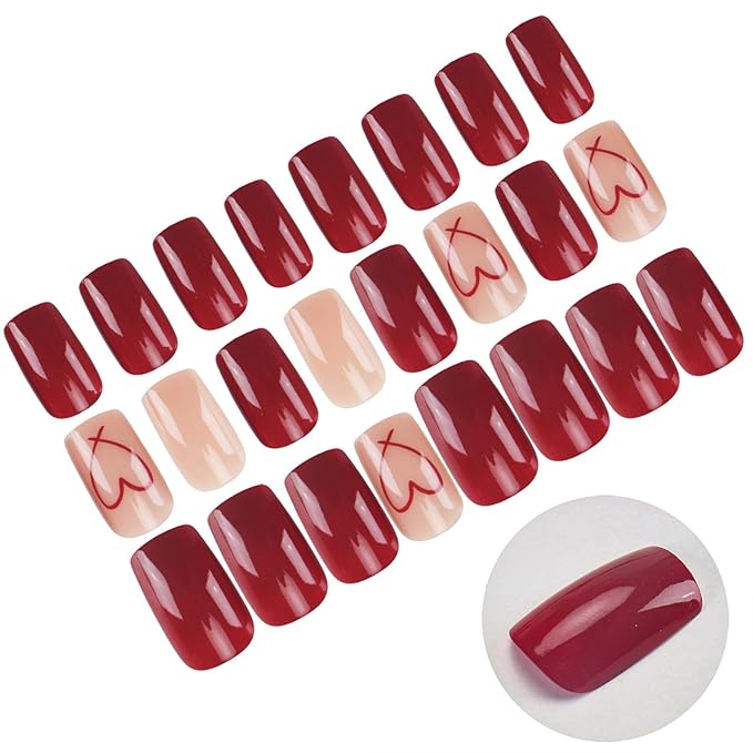 Red Press on Nails Medium Square Fake Nails Wine Red Heart False Nails Glossy Solid Color Glue on Nail Valentine's Day Acrylic Nails for Women Manicure 24Pcs