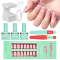 Modelones Gel Nail Kit, Top Coat Nail Glue for Nail Tips Builder Nail Gel 160 PCS Short Brown Square French Tip Press on Nails with LED Light for Easy DIY Nail Art Kit