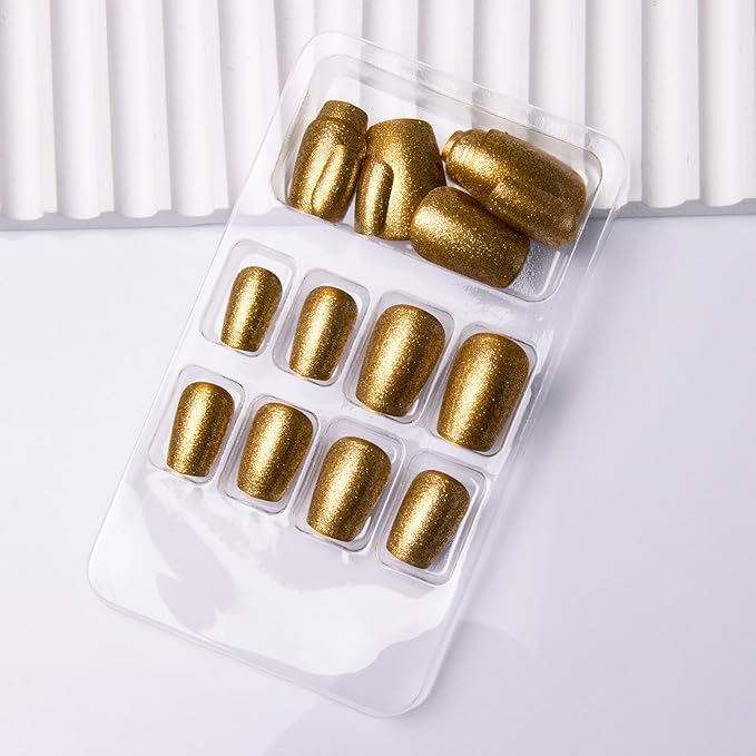 Gold Press on Nails Short Square Fake Nails Press ons with Designs Gold Glitter Full Cover Glue on Nails Shiny Glossy Acrylic False Nails Stick on Nail for Women Nail Manicure Decoration 24Pcs