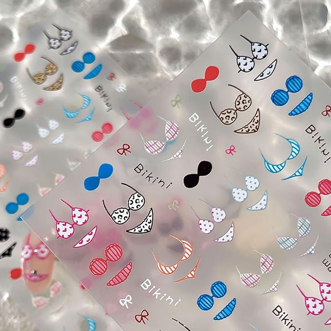 3 Sheets Swimsuit Series Nail Stickers Embossed Nail Art Stickers Summer Nail Decals with Swimming Ring Ice Cream Designs Cute Nail Art Sticker DIY Self-Adhesive Supplies for Women Girls