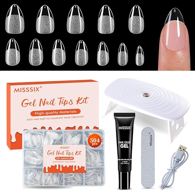 Misssix Short Almond Gel x Nail Tips Kit, 504Pcs Pre Etched Clear Fake Nails, Full Cover False Nail 9-in-1 Gel Glue and Portable Mini U V Nail Lamp for Women 12 Sizes