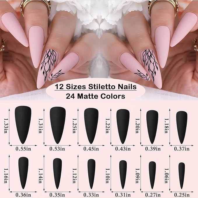 LoveOurHome 576pc Matte Stiletto Press on Nails Long Pointy Fake Nail Tips Full Cover Artificial Fingernails Colored False Nail Halloween Acrylic Nail Artificial Manicure 24 Colors for Women Girls