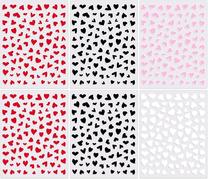 Valentine's Day Nail Art Stickers - Sexy White Border Heart Nail Decals, Self-Adhesive Black White Red Pink Love for DIY 3D Nail Supplies Decoration (6 Sheets)