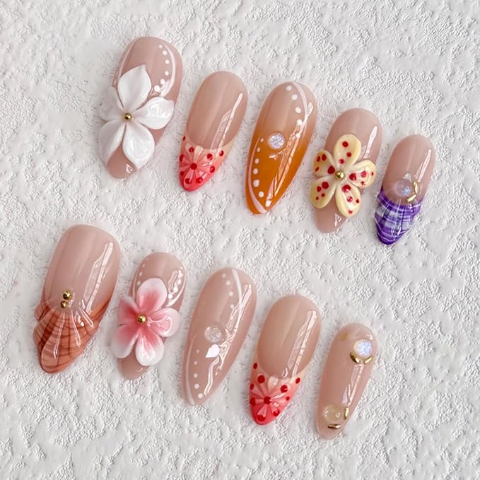 Luxury Press on Nails Medium Almond Handmade 3D Unique Reusable ABS Material Fake Nails French Tip False Nails with Designs White Pink Flower Art Petal Glossy Glue on Nails Thick Acrylic Nails(M)