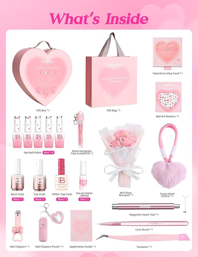 Beetles So In Love Collection – Glow In Love Valentine Gel Nail Polish Set, Pink Gel Nail Art Set with Base Top Coat Mini Rose Bouquet, Salon DIY at Home Valentine's Day Gift for Women Wife Girlfriend