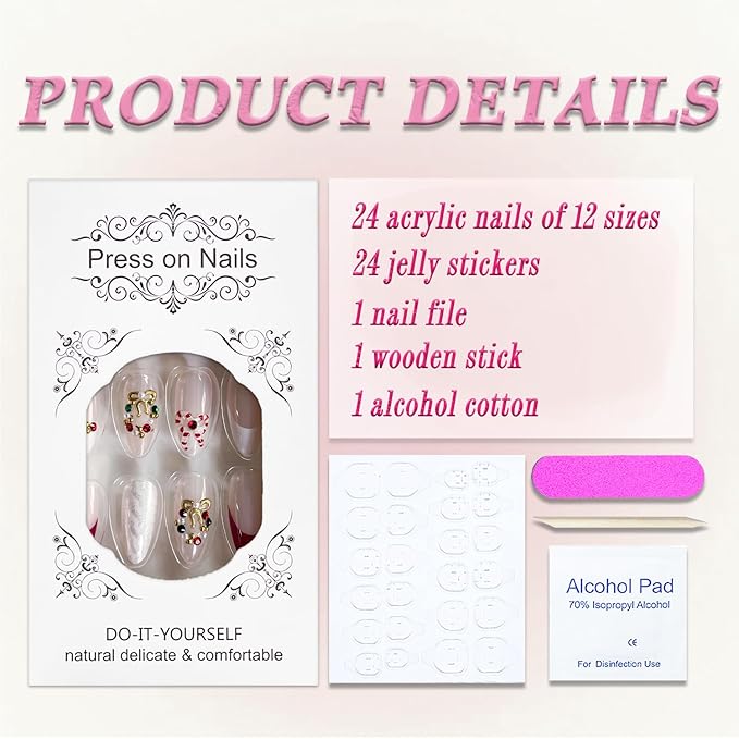 Christmas Press on Nails Medium Almond MABKJLF French Tip Fake Nails False Nails with Bow Pearls Rhinestones Designs Glossy Glue on Nail Winter Full Cover Acrylic Nails for Women Girls 24Pcs