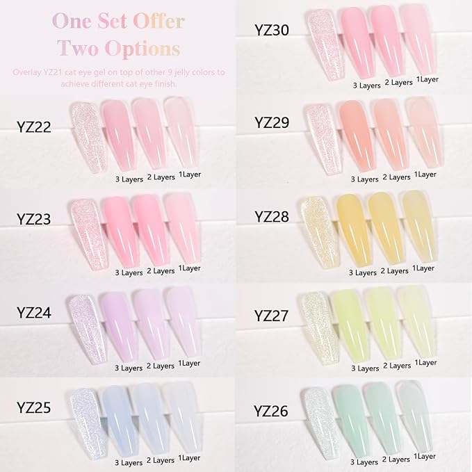 Beautpal Magnetic Jelly Gel Nail Polish Set 10PCS Semitransparent Pastel Colors Including Cat Eye Gel Polish Soak Off UV Nail Polish Home DIY Manicure Nail Salon 7ml