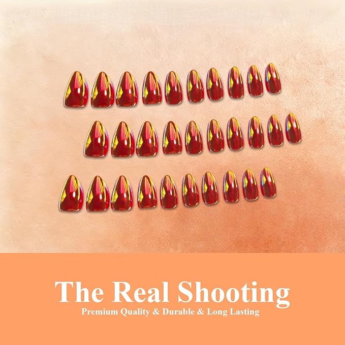 Chrome Golden Red Press on Nails Short Almond, Glazed Cute Fake Nails with Sparkle Mirror Design, Shiny Glitter Glue on Nails Stiletto, Gel Nail Press ons with Glue for Fingernail 30 Pcs
