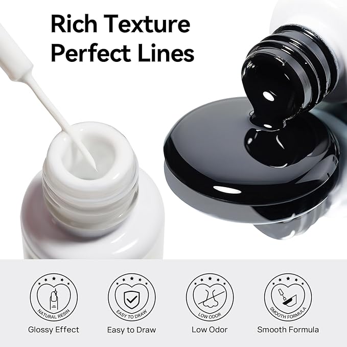 MIZHSE Gel Liner Nail Art, White and Black Painting Gel Polish, Glossy Effect Drawing Line Stripe Swirls French Nail Design DIY Manicure Soak Off Nail Art