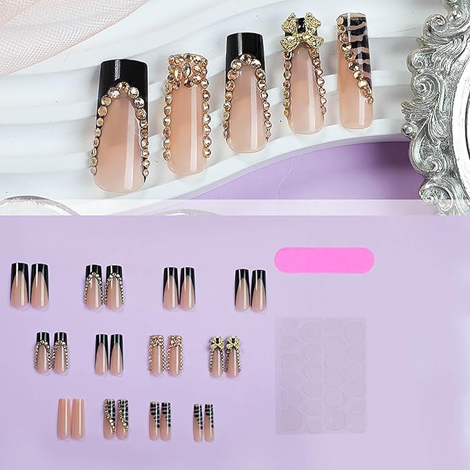 RTKHFZE Extra Long Press on Nails Square Fake Nails Black French Tip False Nails with Gold 3D Bow and Rhinestones Designs Square Nails Press ons Stick on Nail for Women 24Pcs