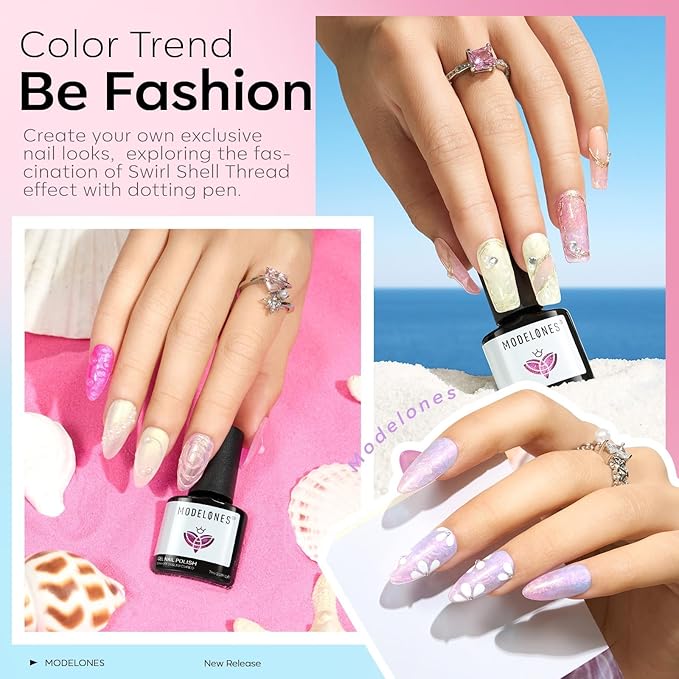 modelones Pearl Gel Nail Polish Set, 6 Colors Ocean Shimmer White Hot Pink Purple Blue Green Mermaid Glitter Gel Polish Soak Off Nail Drawing Swirl Shell Thread Effect DIY Gift