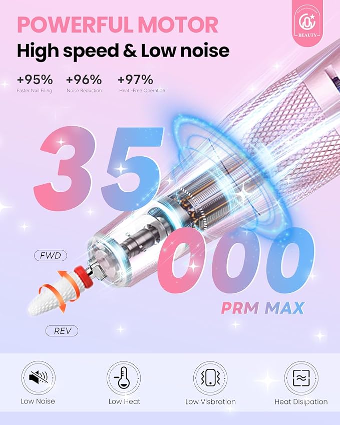 CozyZen Cordless Nail Drill Professional: 45000 RPM Rechargeable Electric Nail File Kit, Portable & Low Noise for Acrylic, Gel Nails, Manicure & Pedicure - Salon & Home Use (Pink & Purple)
