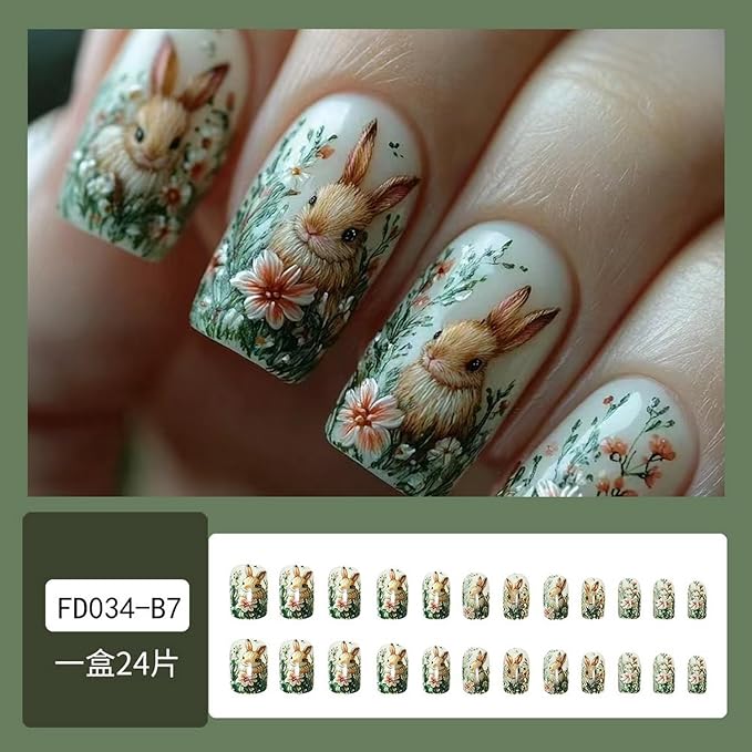 24 Pcs Easter Medium Square Shaped Press on Nails with Cute Bunny Design Embossed Acrylic Nails Spring Pink White Flower False Nails Full Cover Easter Rabbit Stick on Nails for Women Nail Art Manicure