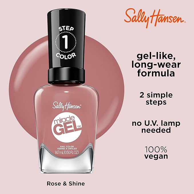 Sally Hansen Miracle Gel Salon Quality Nail Polish | Gel-Like Formula, Two-Step System, No UV Light Needed, Long Lasting | Opaque, Glossy | 252 Rose & Shine | Muave Rose Nail Color