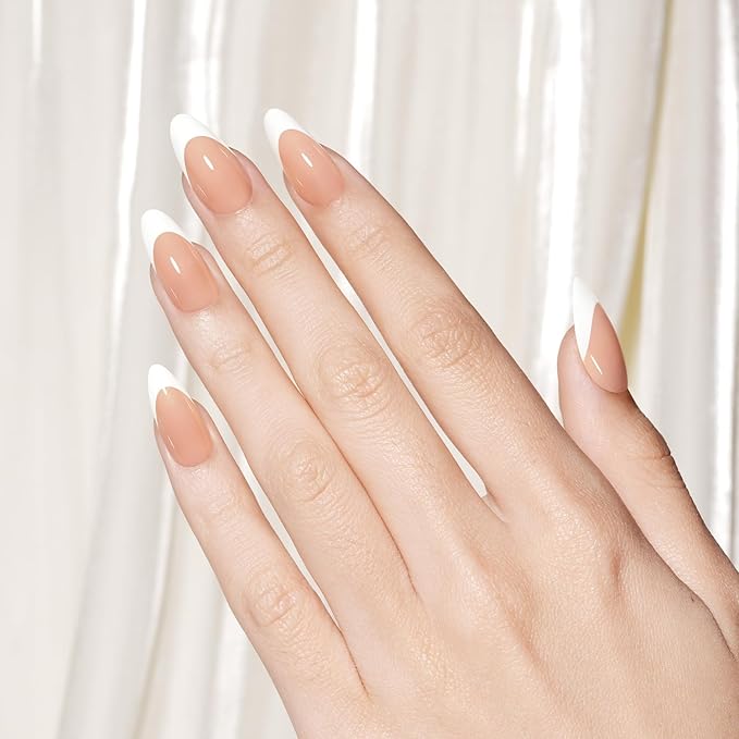 AILLSA French Gel Nail Tips,180 Pcs French Tip Press On Nails Medium Almond, Pre-Applied Primer & Base Coat, No Need File, Almond Fake Nails Press ons with Designs 15 Sizes