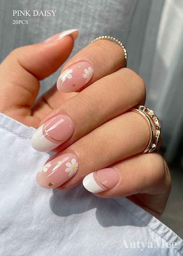 Semi Cured Gel Nail Strips (Pink Daisy), French, 20 Pcs Gel Nail Wraps, Stickers, UV Light Required, Salon Quality, Long Lasting