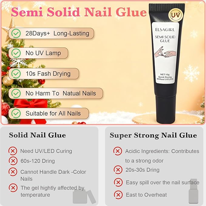 Quick Dry Gummy Nail Glue for Press Ons, 10g Semi Solid Air Dry Adhesive, No UV Lamp Needed, Long Lasting Putty for Fake Nails