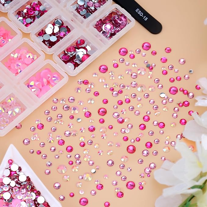 15000PCs 2-6MM Pink Series Resin Flat Back Rhinestones, Round Non Hotfix Jelly & Silver Bottom Resin Rhinestones Nail Gems Stones with Tweezer & Picker Pen for Nail Art Tumblers & DIY Crafts