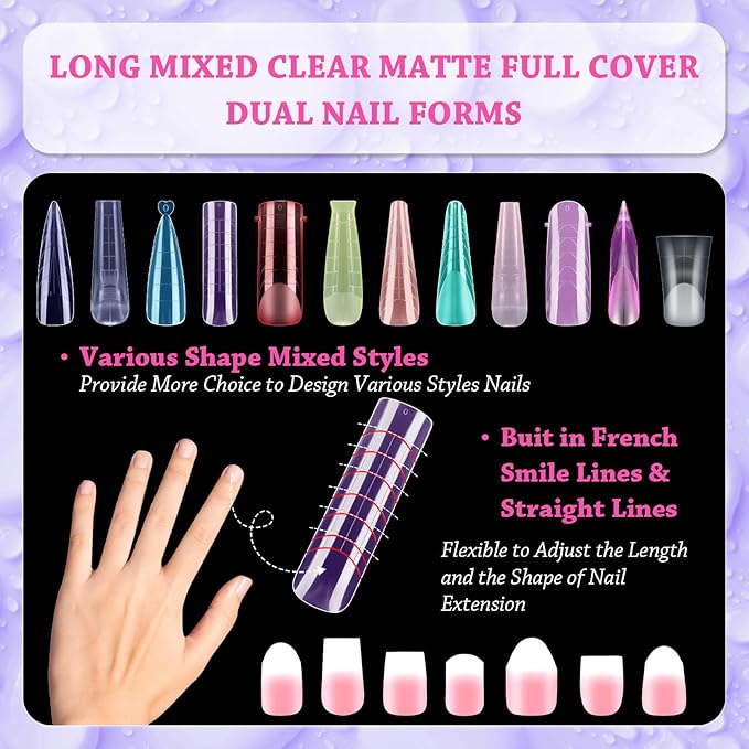 288pcs Long Mixed Dual Nail Forms Clear Multicolor Full Cover Nail Art Mold with Scale for Polygel Extension Beginners DIY Manicure 12 Styles Long Duck Stiletto Square Almond Mixed Nail Forms