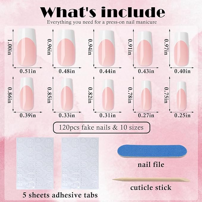 AddFavor 120pcs White French Tip Press on Nails Medium Square Fake Nails Nude False French Tip Nails Press ons Nail Acrylic Artificial Stick Nail with Adhesive Tab for Women Girls